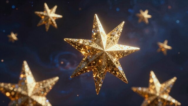 Golden Sparkling Stars Floating in Dark Cosmic Space Background