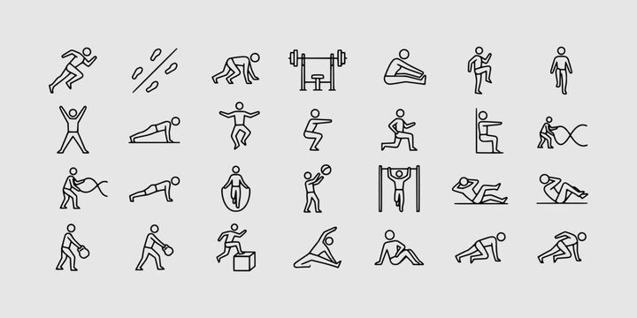 icon sheet collection of fitness exercise poses featuring stick figures performing lunges, squats, pushups, situps, and strength training movements for gym.