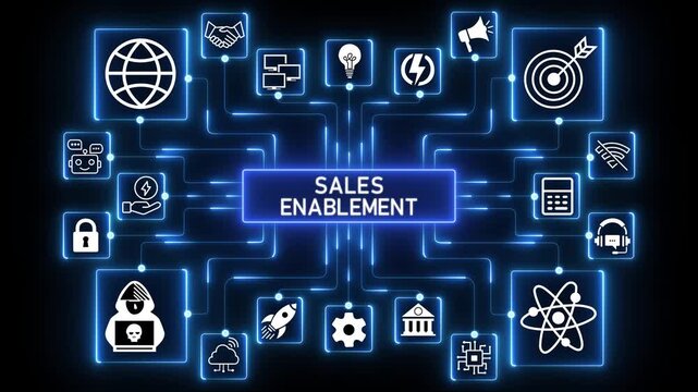 Sales enablement framework aligning tools, insights and processes to empower revenue teams and accelerate deal execution in a connected digital environment.4k Animation.