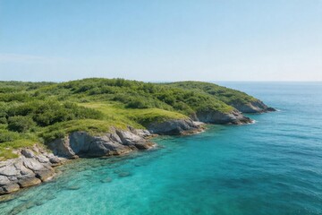 Obraz premium Coastal landscape with green hills and blue water