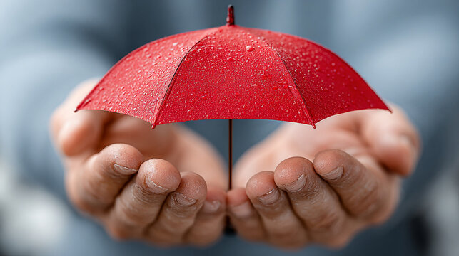 Hands holding miniature red umbrella symbolizing protection and liability insurance coverage concept