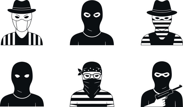 Masked criminal characters vector illustration set, robber and gangster silhouettes with disguise and weapon for crime, danger, and security concepts