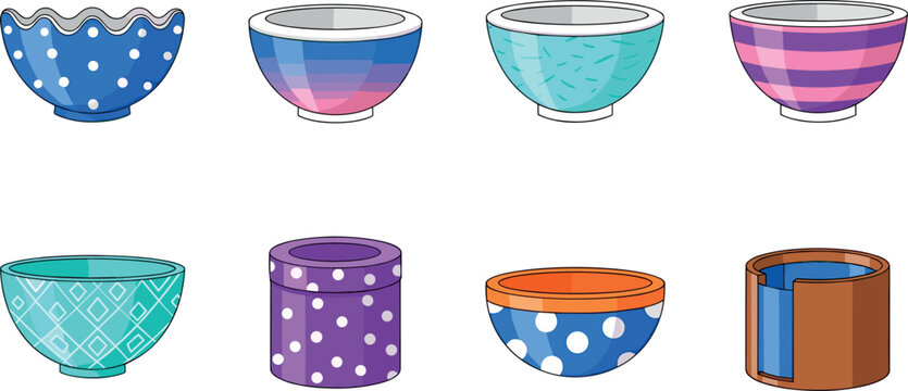 Colorful bowl collection set with patterned ceramic containers isolated vector illustration kitchen tableware design elements bundle