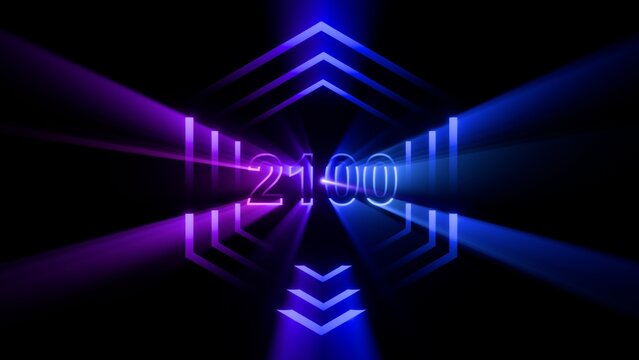 Futuristic Neon Year 2100 Background with Glowing Blue and Purple Light Beams and Hexagonal Geometric Lines.