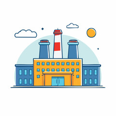 Naklejka premium Cartoon Factory Building with Smokestacks and Clouds