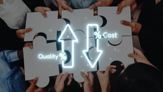 A diverse group of individuals collaborating with puzzle pieces, featuring arrows to represent increasing quality and decreasing costs in business dynamics. Raster