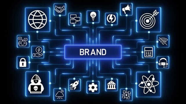 Brand identity concept expressing recognition, trust and digital presence through interconnected signals in a modern technology-driven environment.4k Animation.
