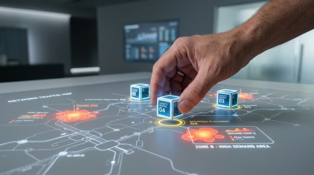 Individual's hand touching a block of information on a table in a conceptual representation of capacity reserve positioning and management