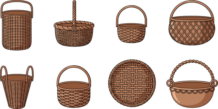 Wicker basket collection set with handmade woven containers isolated vector illustration rustic storage craft design elements bundle