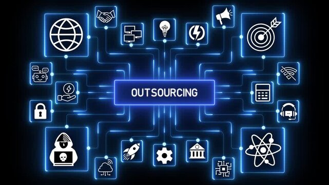 Outsourcing model illustrating external collaboration, resource allocation and distributed operational support within a digitally connected business environment.4k Animation.