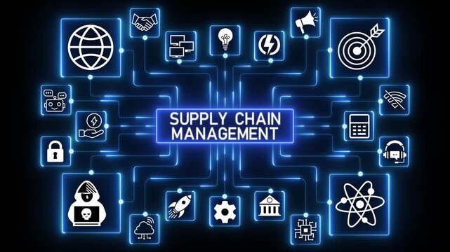 End-to-end supply chain management concept focusing on coordination, control and performance oversight across an integrated digital operations environment.4k Animation.