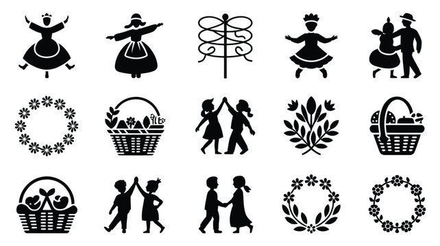 May day icon pack black silhouettes of people dancing baskets wreaths and floral motifs on white background