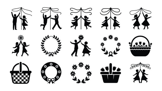 Easter icon pack featuring people baskets and floral wreaths in black silhouette on white background for spring and holiday themes