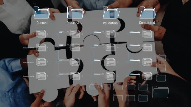 A diverse team engages in a collaborative document management process, showcasing workflow stages through innovative visual representations of tasks and files. Raster