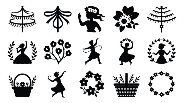 Collection of 15 bold black silhouettes featuring floral motifs dancing women and wreaths on white background