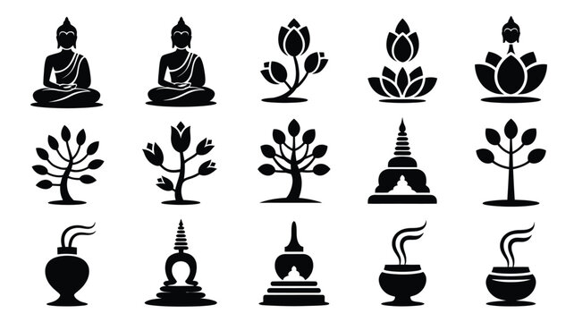 Collection of minimalist black vector icons featuring buddha lotus flowers trees pagodas and incense burners on white background for meditation and spirituality concepts