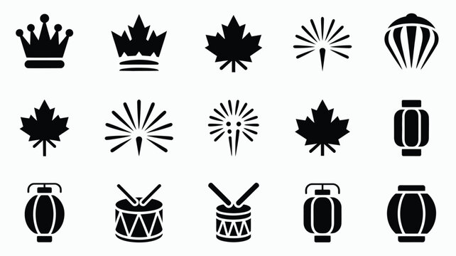 Collection of black icons featuring crowns maple leaves fireworks lanterns and drums on gray background