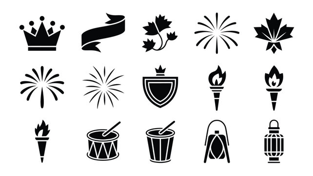 Collection of 15 minimalist black vector icons featuring symbols and objects for celebration and festivity