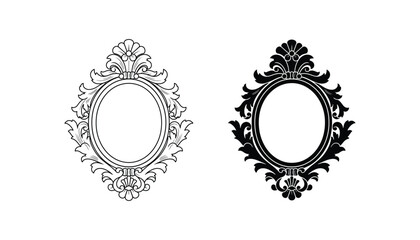Ornate baroque style decorative oval frame vector set with intricate filigree and floral elements in linear and solid black shapes for vintage graphic design © Maya
