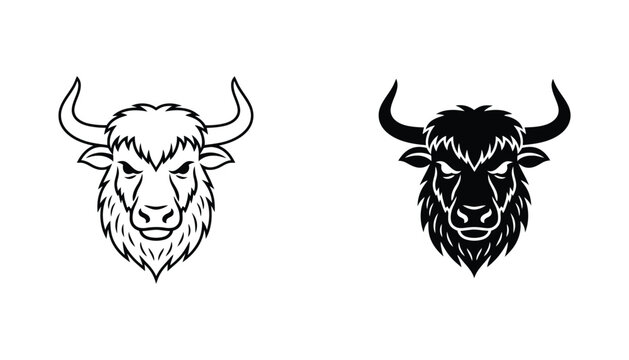 Stylized bull head vector illustration set featuring aggressive animal mascot design in black and white line art and solid silhouette style for sports team logos or branding projects