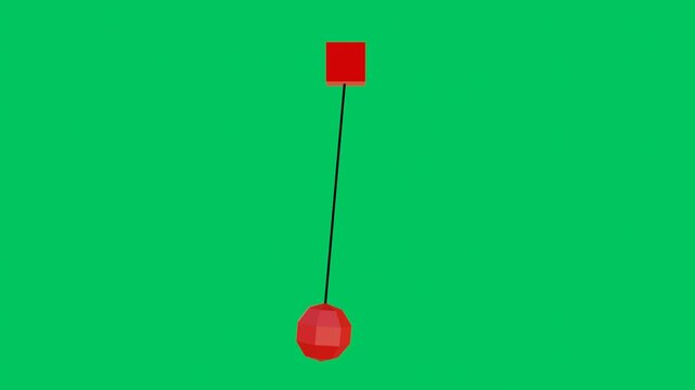 Red geometric ball swinging on a string like a pendulum on green background. 3d rendering.