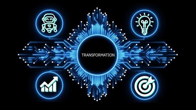 transformation logo on glowing circuit board network, connected business icons for finance, analytics, partnership, growth and innovation on black background