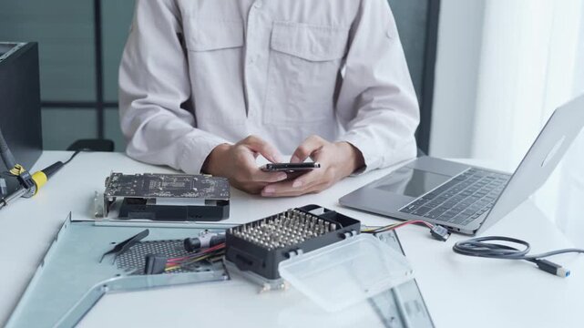 Computer engineer using smartphone search computer hardware information