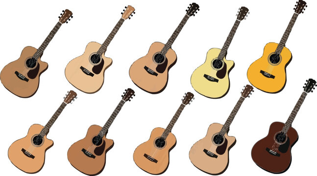 Acoustic guitar collection with wooden string musical instruments and classic folk music illustration set