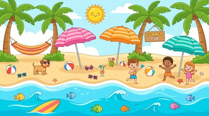 Obraz premium Happy kids and dog on a sunny tropical beach. Building sandcastles, splashing in ocean waves. Palm trees, colorful umbrellas, surfboards. Summer vacation fun