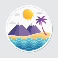 Obraz premium Flat Design Tropical Island Landscape with Mountains and Palm Tree