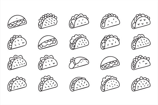 Black outline taco icons for Mexican cuisine menus, food delivery apps, restaurant labels, and snack branding