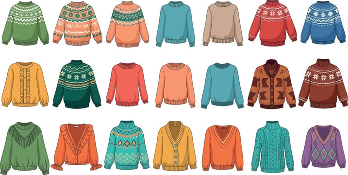 Colorful knitted sweater collection featuring winter fashion pullovers and cozy clothing vector illustration set isolated background