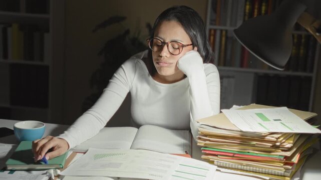 Young woman studying with open books, stack of folders and pen, hand propping her cheek at a desk under a lamp in a building; late night fatigue.