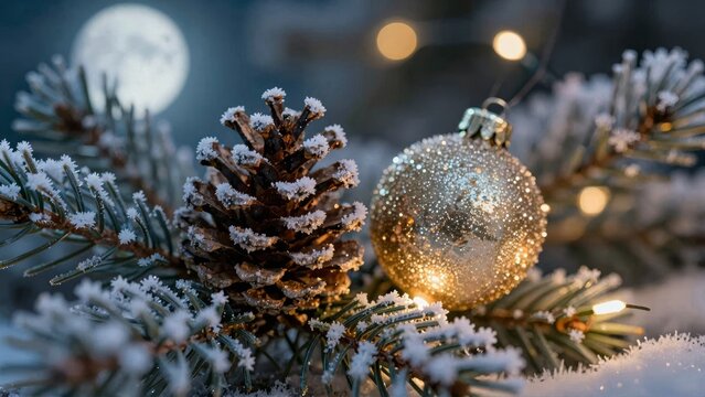 Gold Christmas Ornament and Pinecone on Snowy Pine Branch