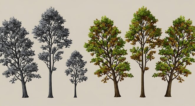 Trees Changing Colors from Gray to Green on Beige Background