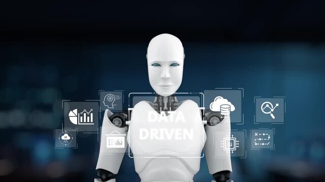 A futuristic robot showcases data-driven concepts with digital icons in a modern office space, emphasizing the synergy between technology and analytics for business growth. Synapse