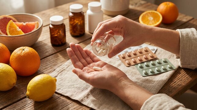 Person taking daily vitamins and supplements with fresh citrus fruits on a wooden table.