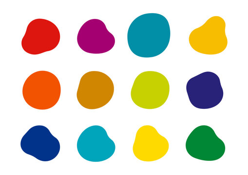 Vibrant primary fluid shape set, playful dynamic colorful blobs for graphic design