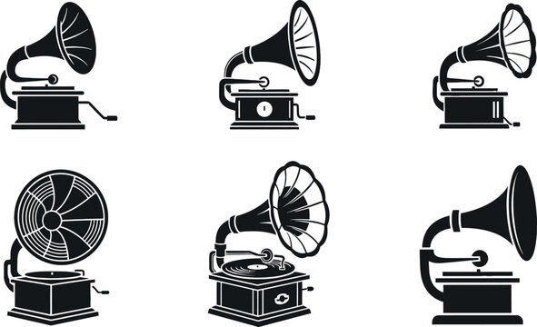 Vintage gramophone icon collection featuring retro phonograph silhouettes and antique music player vector illustrations isolated on background