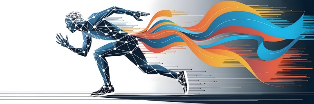 Digital runner with data streams representing technology and performance