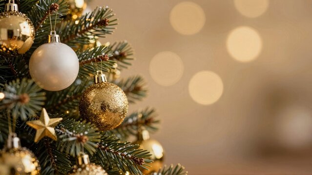 Elegant Christmas Tree with Gold and White Ornaments and Bokeh