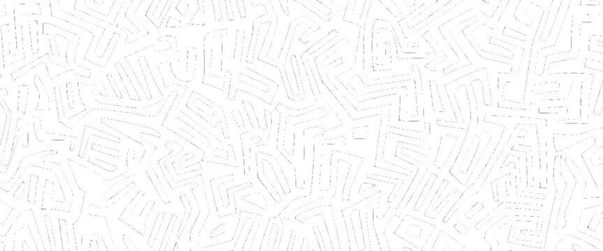 Black and white abstract geometric pattern with dashed lines and sharp angles. A maze-like composition of interconnected shapes