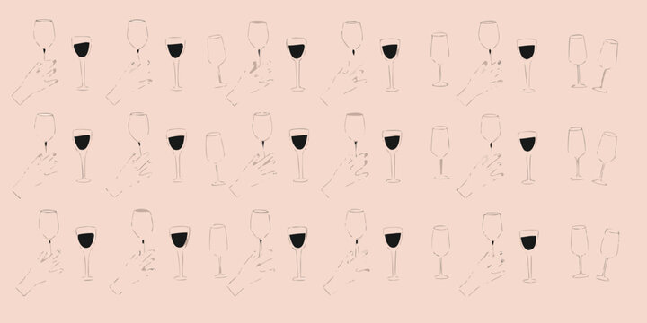 continuous line drawing of wine glasses and hands pattern