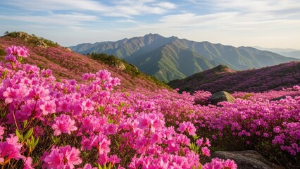 Fototapeta premium vibrant pink moss phlox flowers blooming on mountain slope with scenic valley view in spring