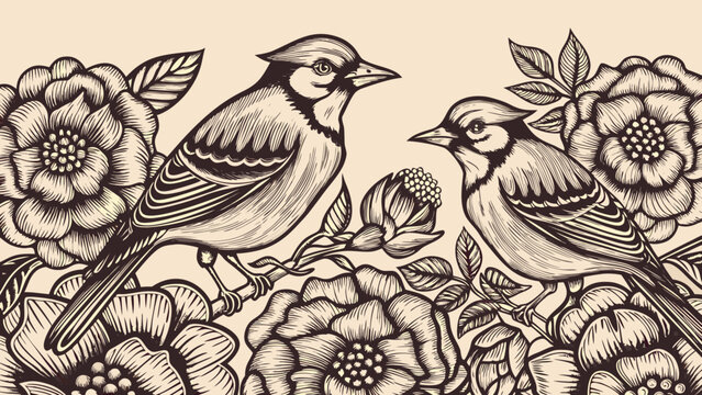 Ink drawing of two birds perched among camellia flowers