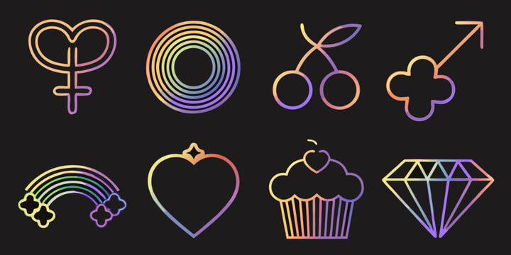 queer pride symbols collection vibrant gradient line icons on black