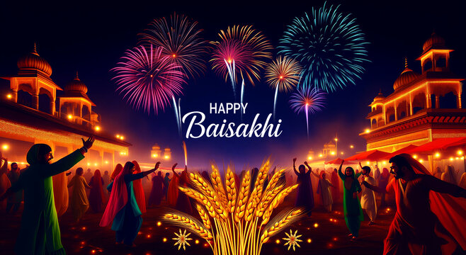 Vibrant baisakhi festival celebration with fireworks and traditional dance in colorful attire under night sky