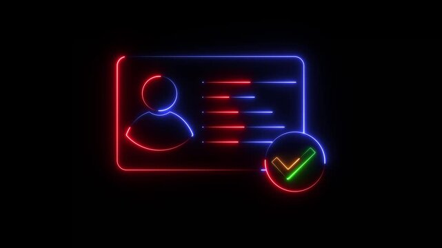 Neon Id card animation. Glowing Profile verify icon motion graphics. Animated personal information icon. NID card verify. Driver's license verified 4k video.