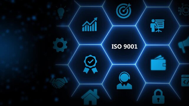 ISO 9001 concept. The international standard, the requirements for a quality management system. Providing products and services quality to customer, regulatory requirements, continual improvement.