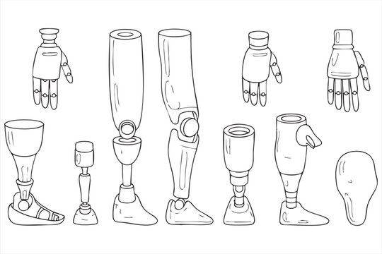 Prosthetic limb line art set with artificial hands, legs, feet, joints, and orthopedic rehabilitation equipment